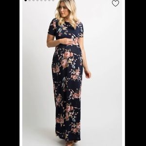 PinkBlush Navy blue rose print short sleeve maxi maternity dress